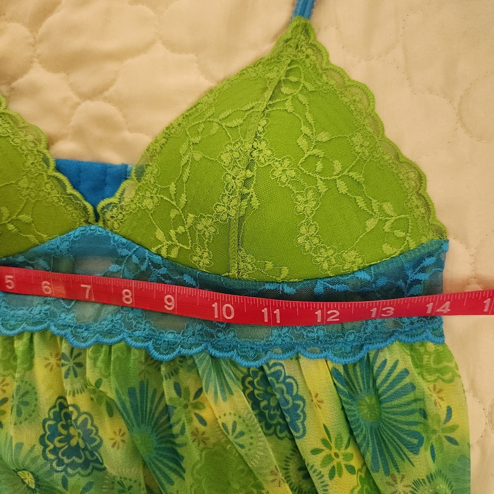 Y2K 2006 Victoria's Secret S Green & Blue Lace Sheer Babydoll Cami Chemise Top - Picture 14 of 15